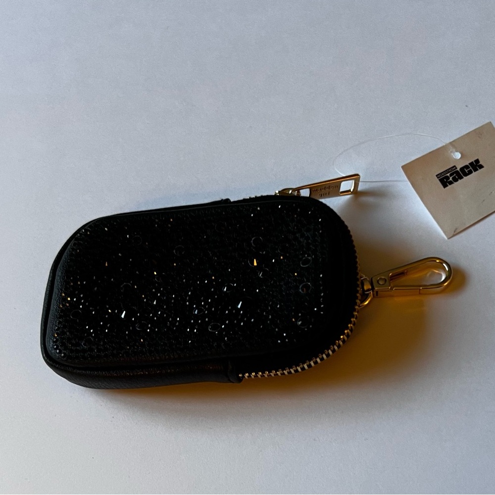 MADDEN GIRL SMALL ZIP POUCH CRYSTAL EMBELLISHED BLACK WITH GOLD ZIP NWT